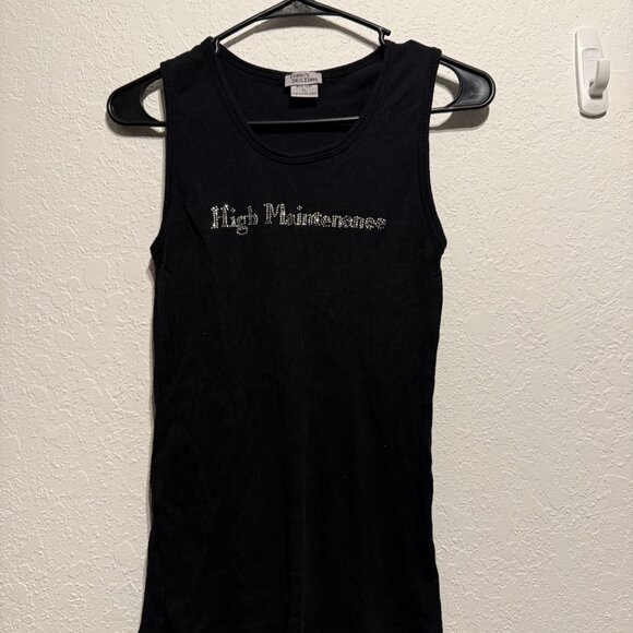 Isaac’s Designs Black Rhinestone “High Maintenance” Ribbed Tank Top XL Sparkle - Picture 3 of 8